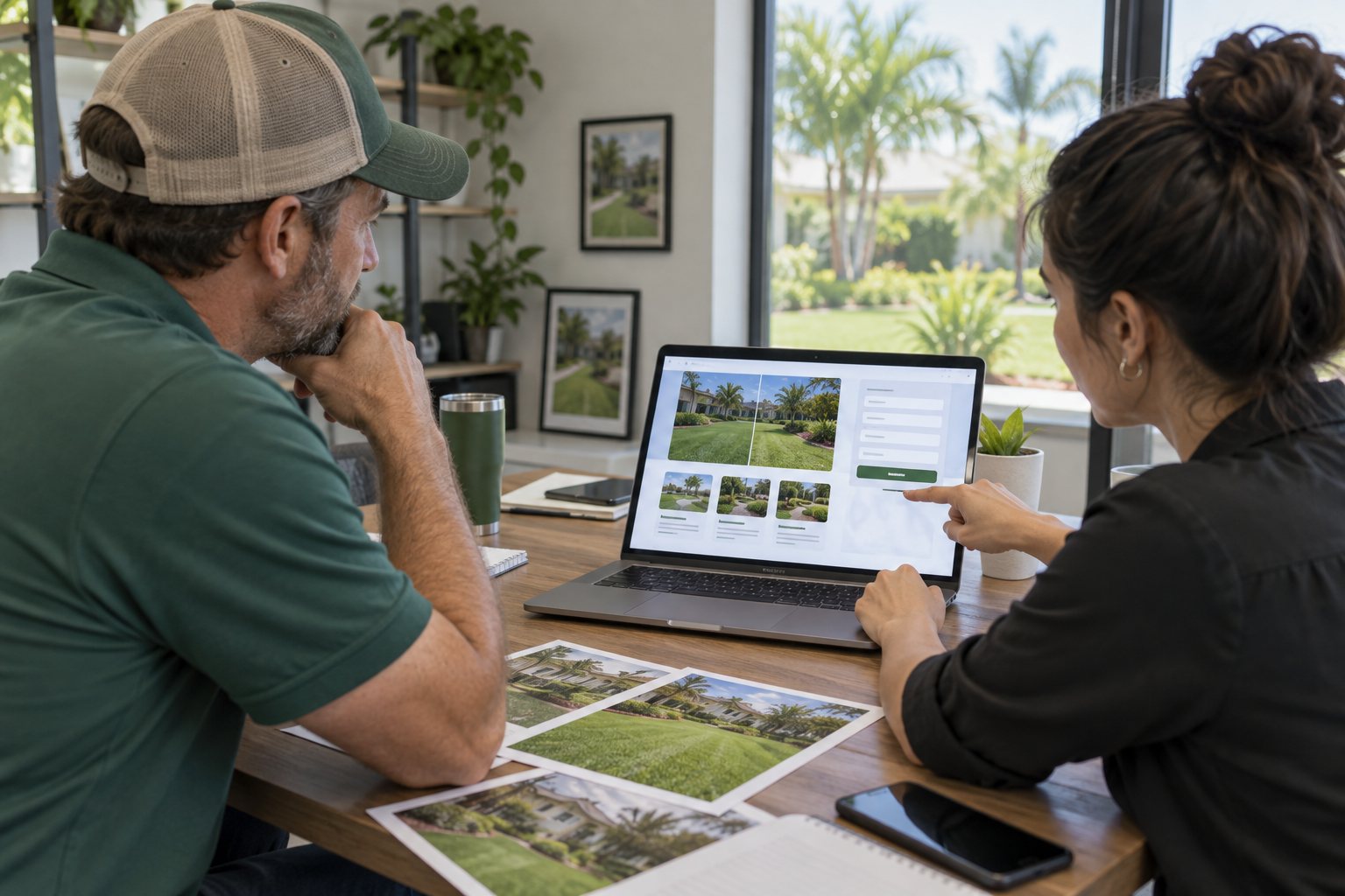 Lawn care business owner reviewing before-and-after service photos with a web developer
