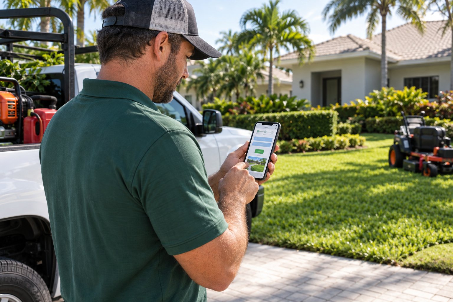 Lawn care business owner reviewing a mobile estimate request workflow near a service vehicle