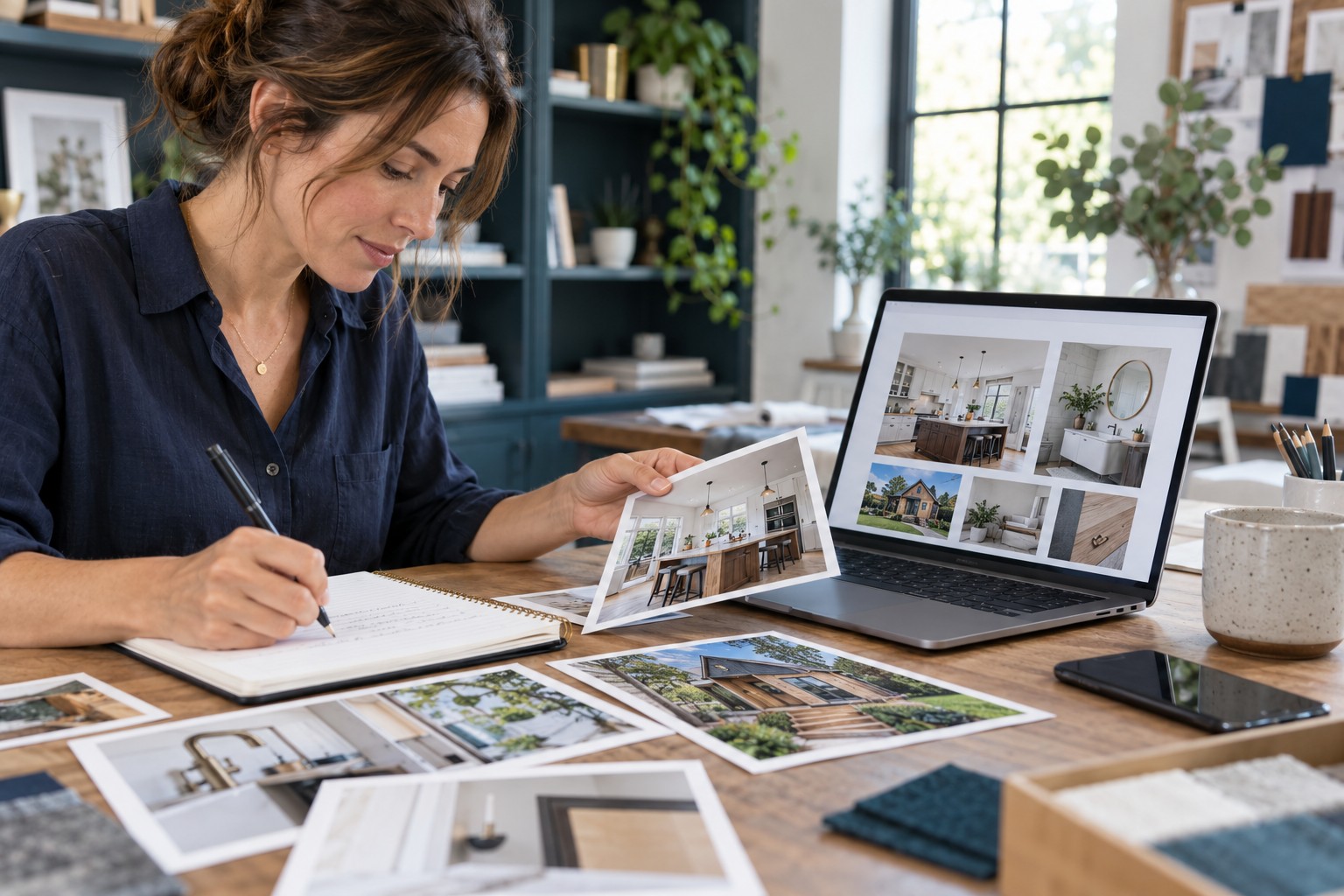 Business owner organizing project photographs and captions beside a laptop