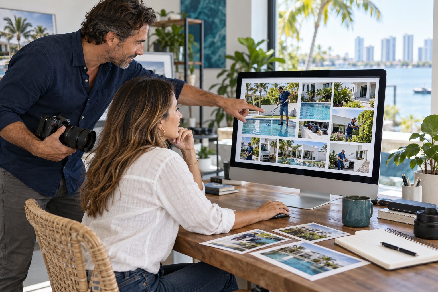 Small business owner and photographer selecting authentic project photos for a website