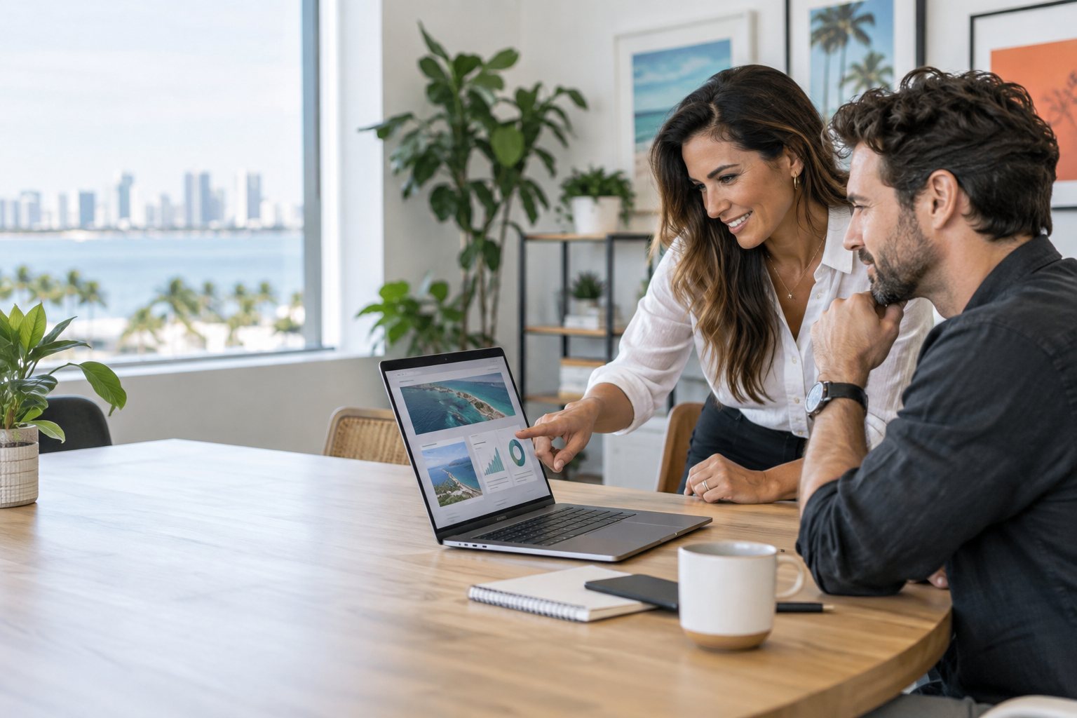 Small-business owner and web developer reviewing a website and marketing plan